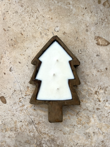 Christmas tree shaped candle with wooden base